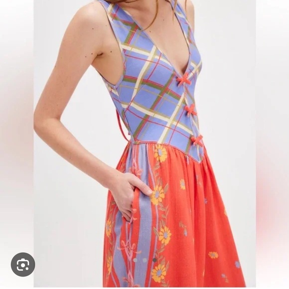 Free People Linen Bali Honeydew Bow Colorful Jumpsuit in Fiesta Combo XS